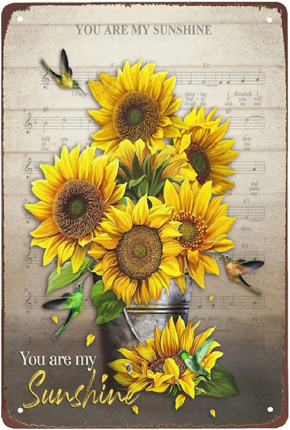 1p,Super durable Metal Sign Sunflower and Hummingbirds You are My Sunshine tin Sign Vintage Wall Decoration Home Garden Kitchen
