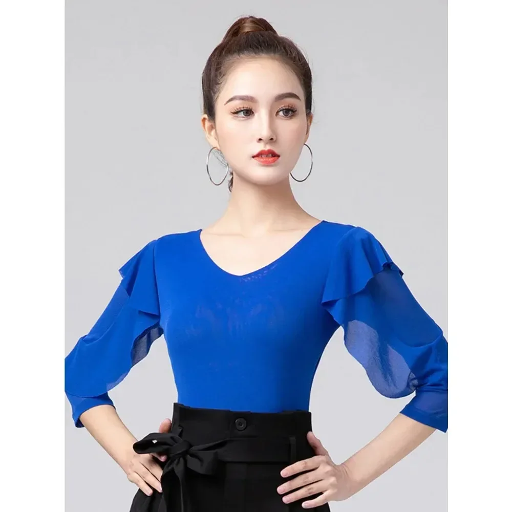 mesh-ballroom-tango-latin-tops-girls-elegant-latino-practice-dance-wear-women-solid-color-slim-fit-ruffle-tops-clothes