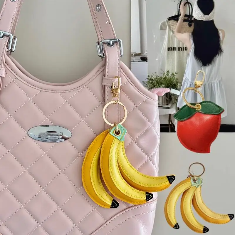 

Cute Banana Peach Bag Pendants Women's Handbags Charms Key Ring Waterproof PU Leather Fruit Keychain Fashion Bag Accessories