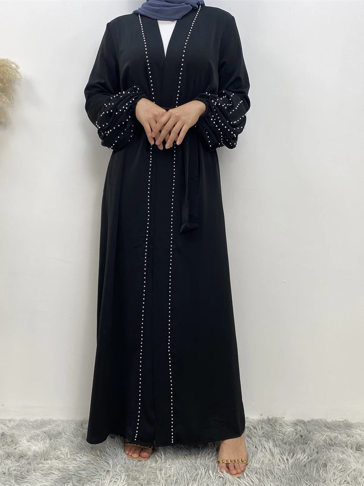 Eid Abaya for Women Muslim Dress Beading Lantern Sleeve Dubai Ramadan Cardigan Pearls Abayas Jalabiya Belt Kaftan Robe Arab 2024