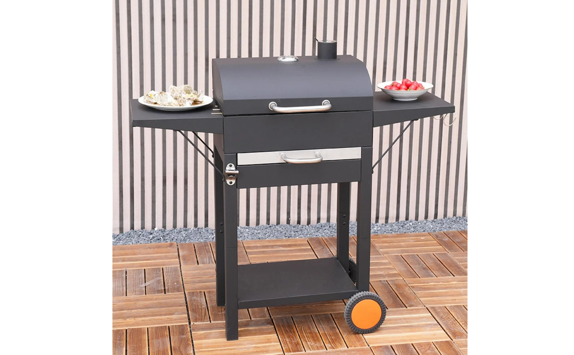 Wheeled Charcoal Barbecue Grill Domed Lid Trolley-Design Charcoal Grill Outdoor Cooking Upper Air Vent Chimney Temperature