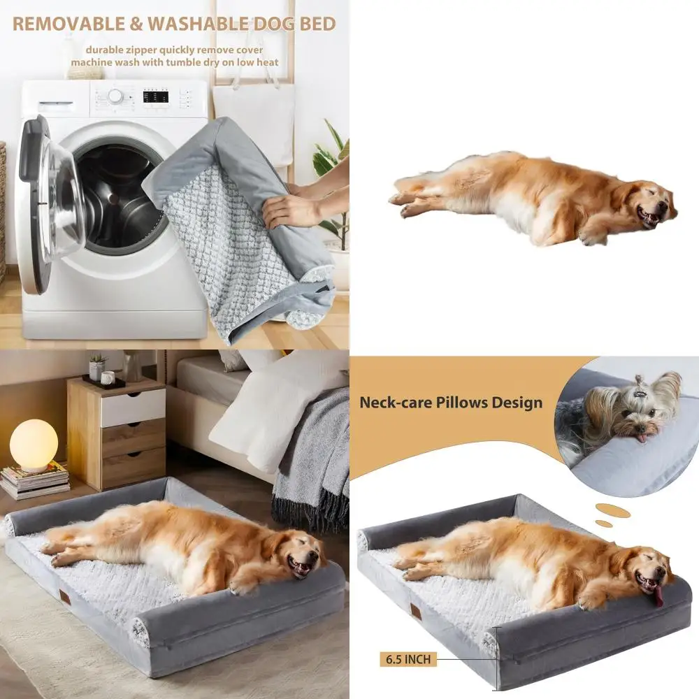 

Большая ортопедическая кровать для собак с водонепроницаемой пеной с эффектом памяти, боковой опорой, нескользящим основанием и съемным моющимся чехлом