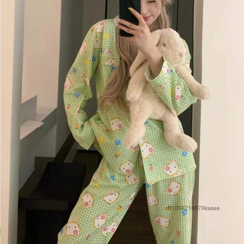 Sanrio Hello Kitty Cute Cartoon Checkered Sleepwear Japanese Style Harajuku Fashion Pajamas Women Spring Autumn New Home Clothes