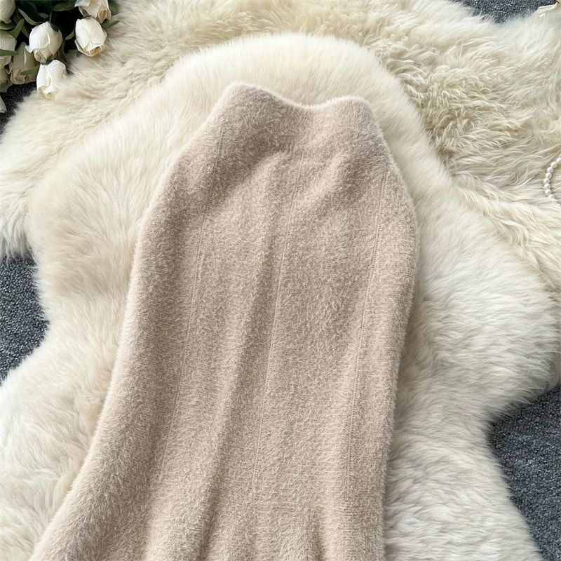 Damen Kunstnerz Gestrickter Meerjungfrauenrock Hohe Taille Weicher Flauschiger Warmer Pulloverrock Herbst Winter Eleganter Figurbetonter Langer Midirock 636 – Detail 25