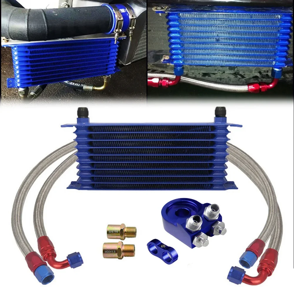

Universal 10 Rows AN10 Engine Transmission Oil Cooler Kit + Oil Filter Sandwich Adapter +Staingless Steel Braided AN10 Fuel Hose