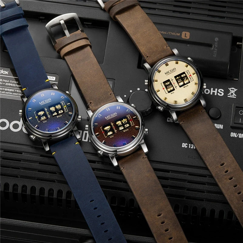 MEGIR Rolling Movement Watches for Men Personality Originality Roller Pointer Leather Fashion Casual Quartz Wristwatch Male