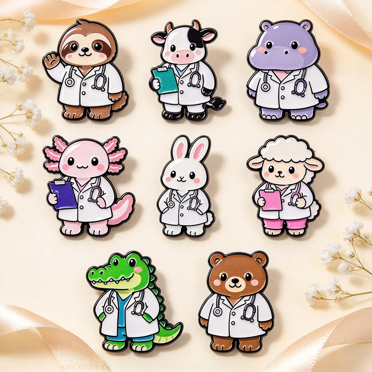 Kawaii Medical Animal Lapel Pins Sloth Cow Hippo Axolotl Rabbit for Backpacks Hats Clothes Bags Decors Accessories Gifts Friends view 3
