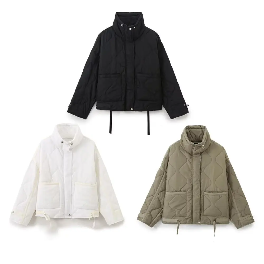 

Women's Padded Jacket New Autumn Winter Retro Street Style Warm Stand-Up Collar Large Pockets Quilted Embellished Padded Jacket