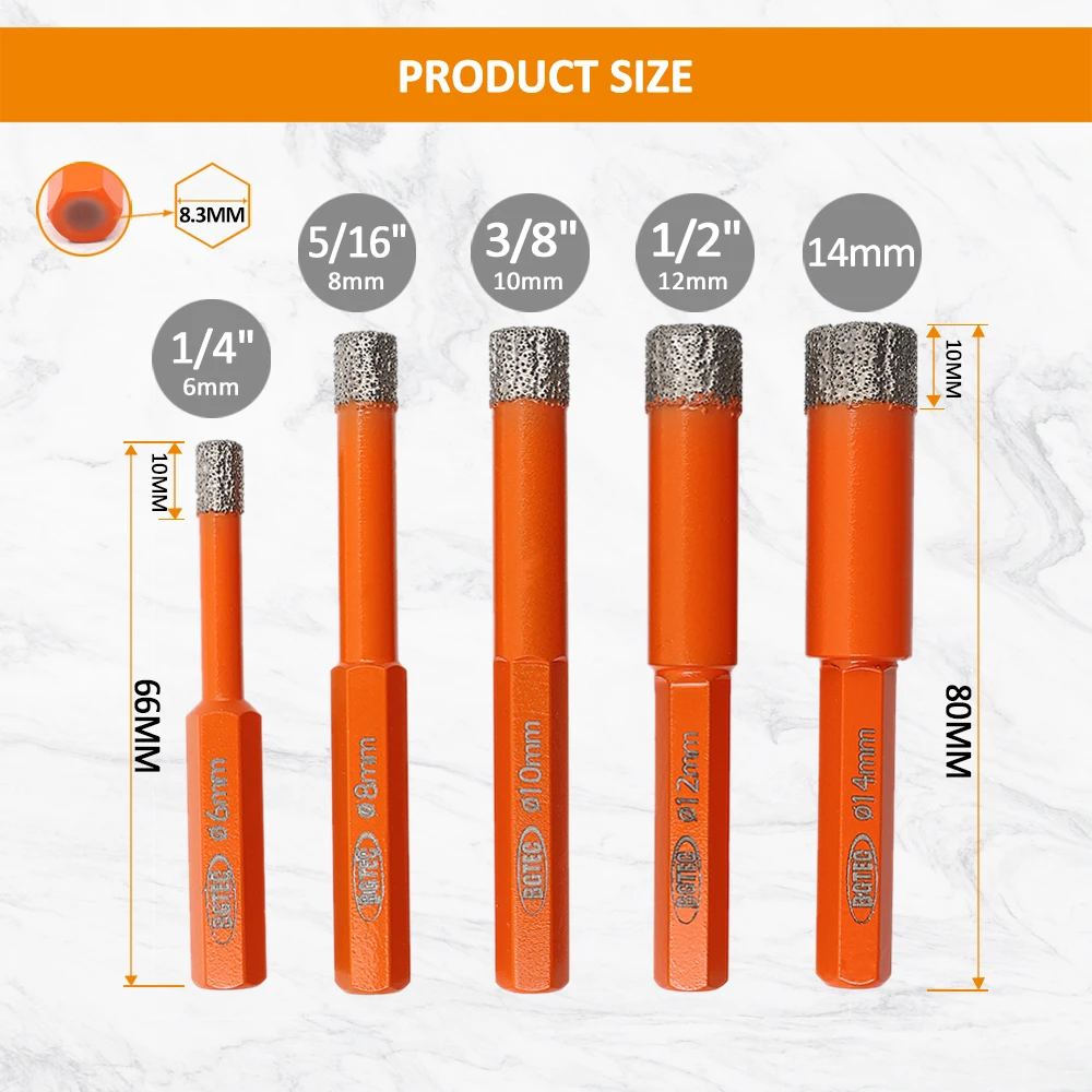 BGTEC 5pcs/set 6mm Hex Shank Diamond Drill Core Bits Dry Drilling Granite Tile Marble Masonry Vacuum Brazed Crowns Hole Saw Tool