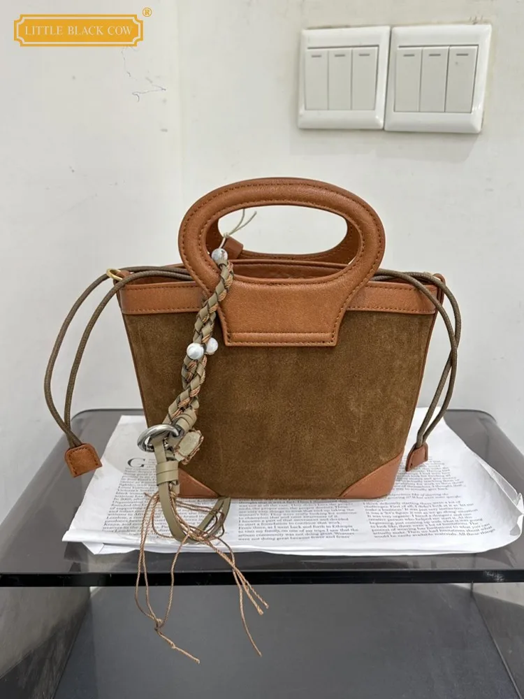 

Ретро модная женская замшевая кожаная лоскутная сумка-тоут из искусственной кожи на шнурке, повседневная сумка-ведро на одно плечо, сумка через плечо под мышками