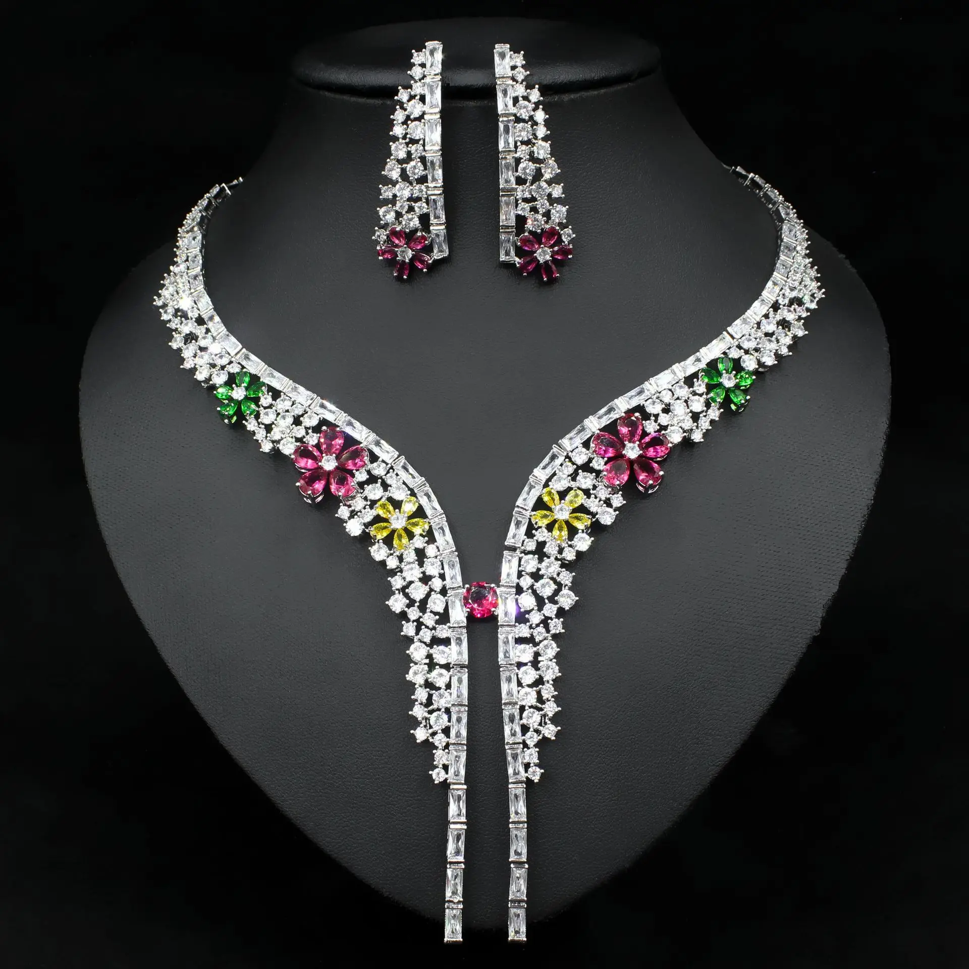 

Green Blue Red Genstone Cubic Zirconia Bridal Wedding Set Dubai Women's Wedding Jewelry Set Nigeria Africa Necklace Earring Set