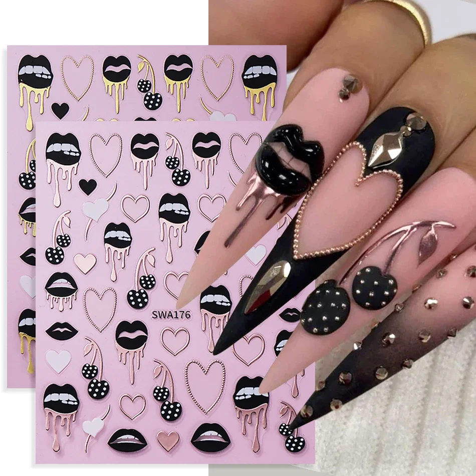 2 قطعة الشفاه السوداء الحب القلب مسمار الفن ملصقات مثير عيد الحب خط معدني الحب الكرز ذاتية اللصق مسمار الشارات DIY بها بنفسك مانيكير ديكور #1