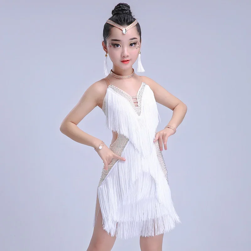 Girls Latin Dance Dress White Tassel Latin Ballroom Costumes Tango Samba Dance Dress Ballroom Fringe Dress Costumes