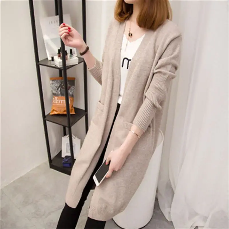 Spring Auutmn Women Korean Simple Solid Loose Long Sleeve Tunic Knitted Cardigan Coat Casual V Neck Pocket Female Sweater Jacket