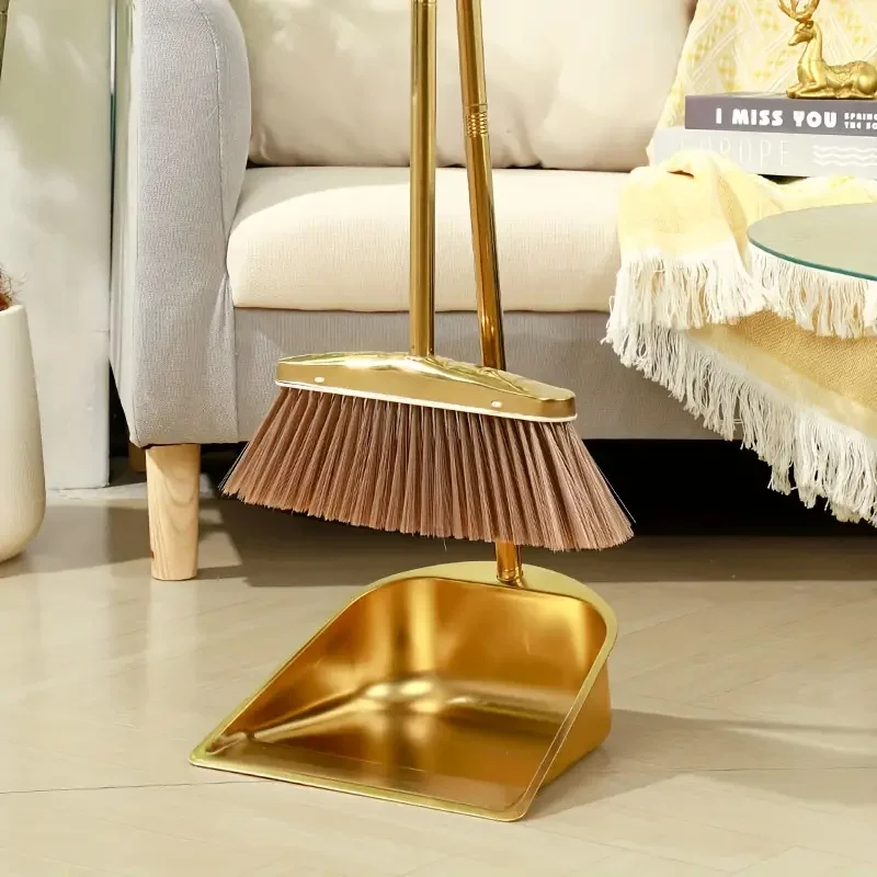 Golden Stainless Steel Broom And Dustpan Set Extended Version - Outdoor Dustpan Restaurant Dustpan Floor Cleaning Broom Standing Dustpan Cleaning Dustpan Garden Dustpan For Home Office
