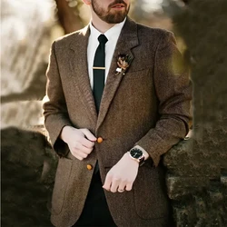 Mens Suits Blazers MENS  Men Tweed Blazer Herringbone Brown For Groom Wedding Wear Jacket