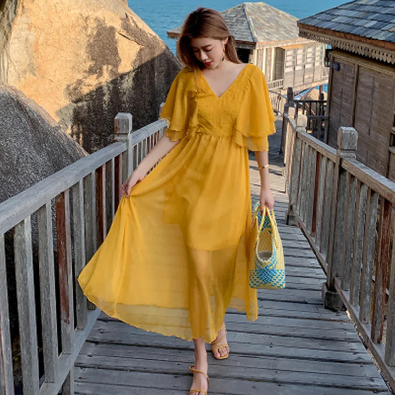 New Fashion Women Summer Elegant Yellow Chiffon Long Dresses 2022 Lady Butterfly Sleeves Backless Beach Dress Vestdios