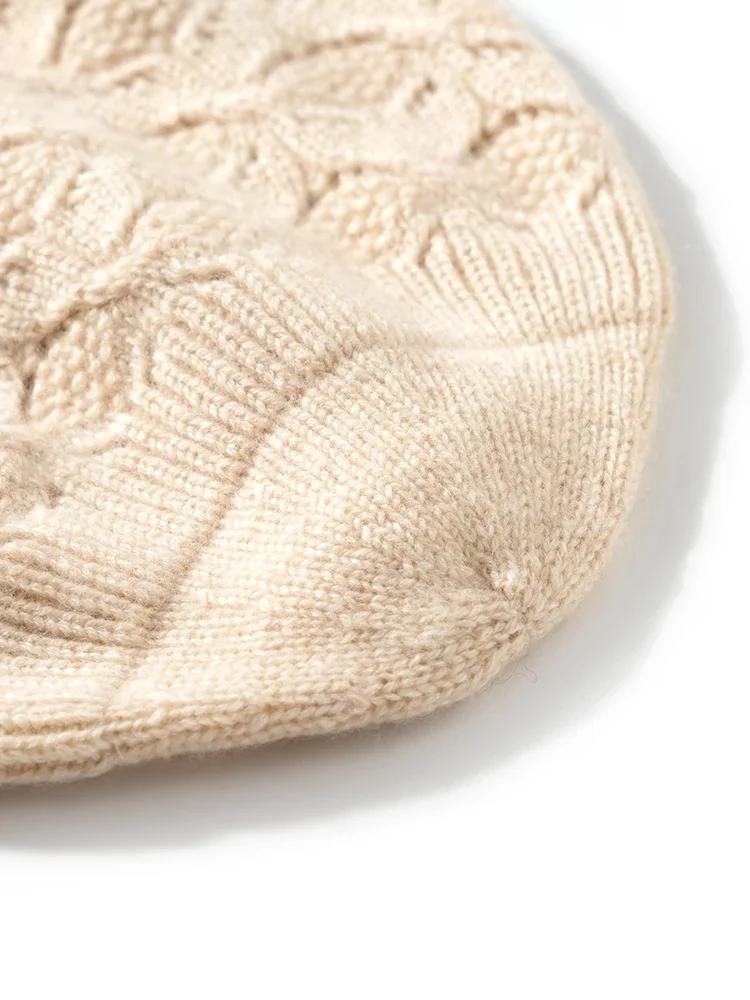 Women 35% Cashmere 65% Wool Beanie Hat Openwork Warm Hat Fall Winter Hollowed-out Knitted Flower Patterns Bonnet Natural Fabric