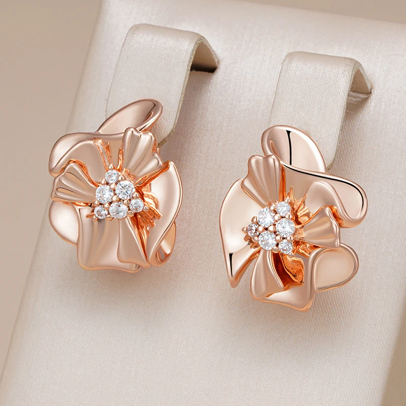 Kinel Hot 585 Rose Gold Color Vintage Glossy Flower Dangle Earrings for Women Natural Zircon Accessories Daily Fine Jewelry