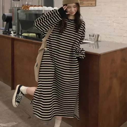 스트라이프 드레스 여성복 스트라이프 긴 캐주얼 여성용 플리츠 드레스 원피스 드레스 원피스 드레스 원피스 드레스 