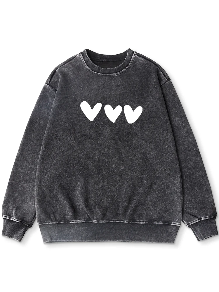 

White Heart Printing Cotton Washed Hoody Woman Warm Distressed Retro Sweatshirt Casual Autumn Fashion Versatile Tops Female