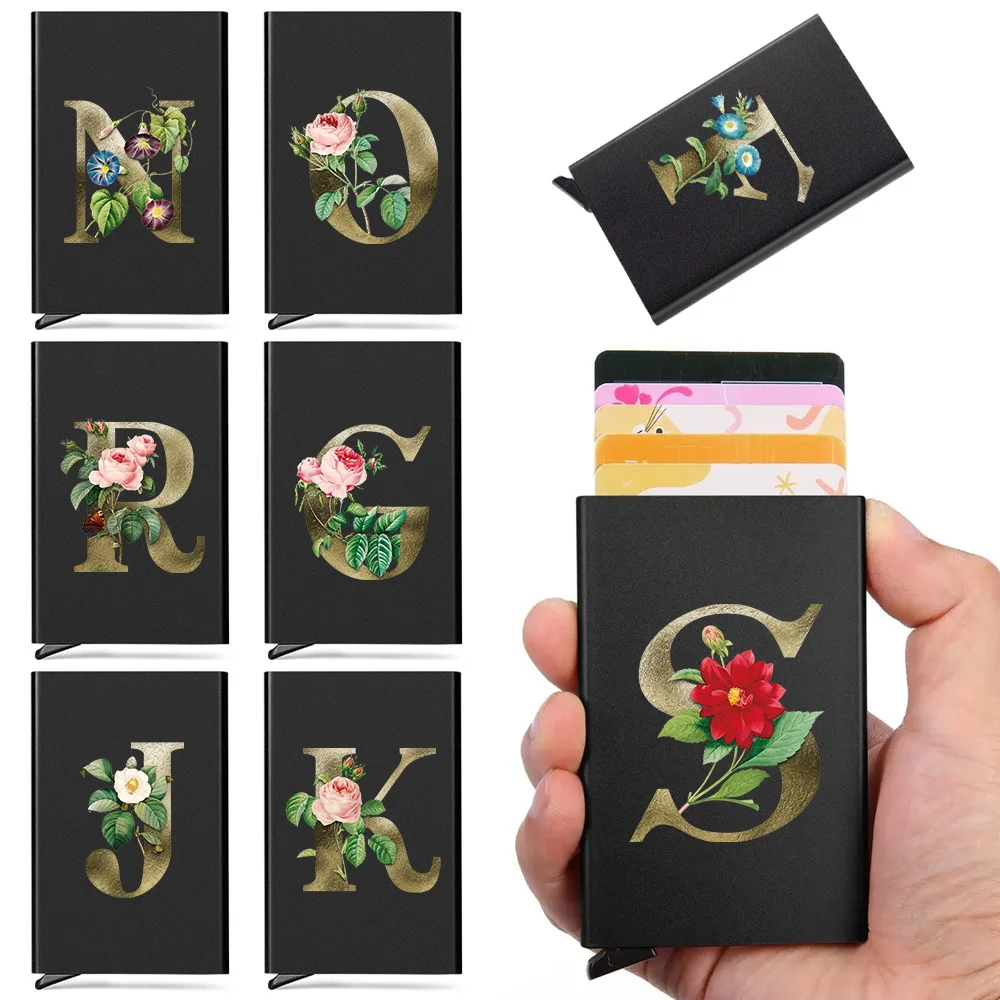 Anti Rfid Card Holder NFC Blocking Reader Golden Flower Letter Print Wallets Pocket Case Slim Protection Bank Credit Card Case