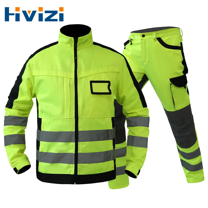 Traje de protección laboral amarillo fluorescente con rayas reflectantes Hi Vis, múltiples bolsillos, uniforme de trabajo de seguridad, conjunto de chaqueta y pantalones para hombre