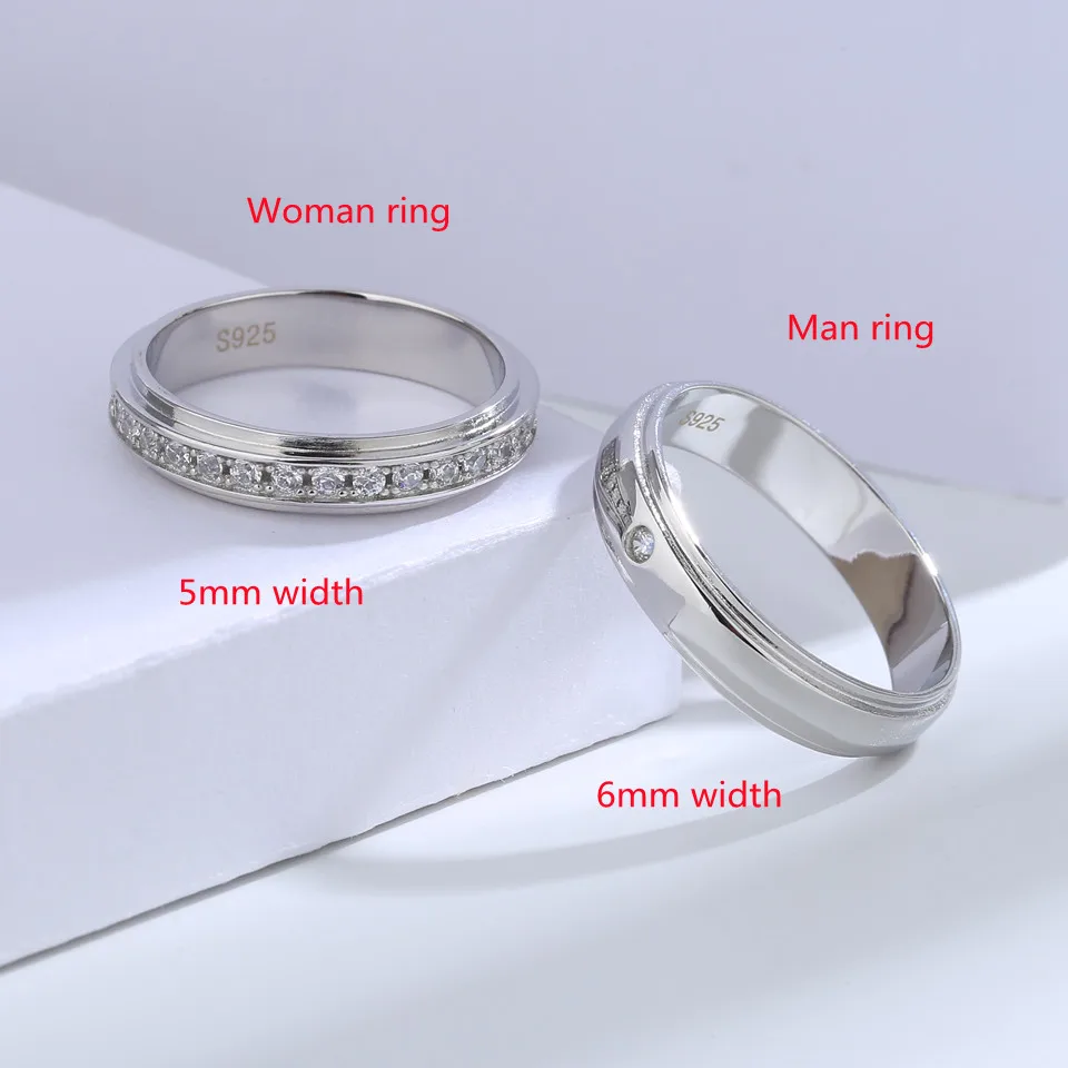 Buyee cincin pasangan perak Sterling 925, set cincin kekasih zirkon putih untuk wanita pria pesta pernikahan lingkaran perhiasan halus