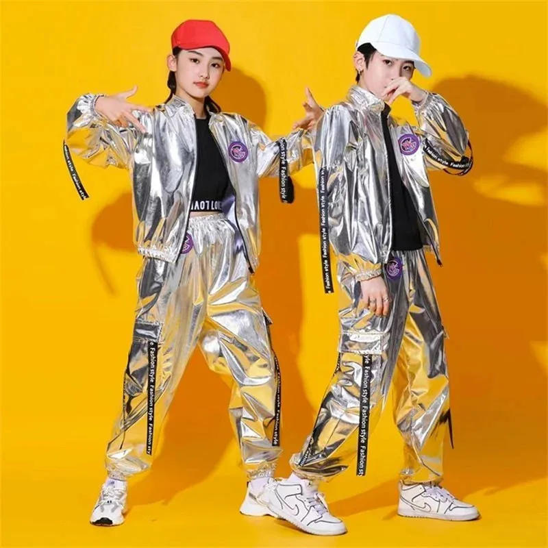

Hip hop boys silver jacket girls jazz jogger pants street dance mini skirt clothes sets kids sequin costumes child streetwear
