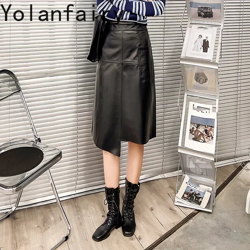 

Genuine Sheepskin Leather Skirt Women Mid-length Leather Skirts for Women A Line High Waist Skirt Korean Style ropa para mujer