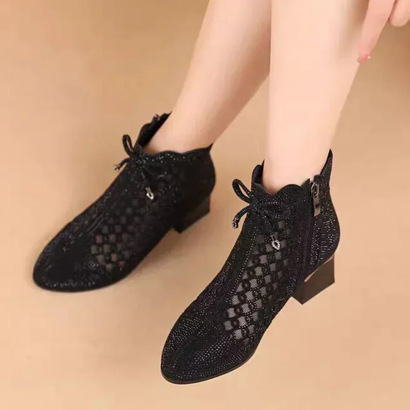 Letnie buty damskie Luksusowe buty do kostki dla kobiet Trend 2024 Wygodna czarna siatka Moda na zewnątrz Sandały na koturnie