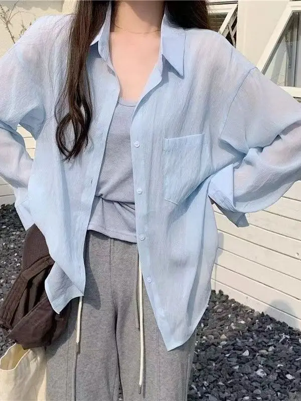 Blue Cloud Cotton Thin Sun Protection Shirt Spring Summer New Korean Simple Match Long Sleeve Modern Dance Top Women's Shirt