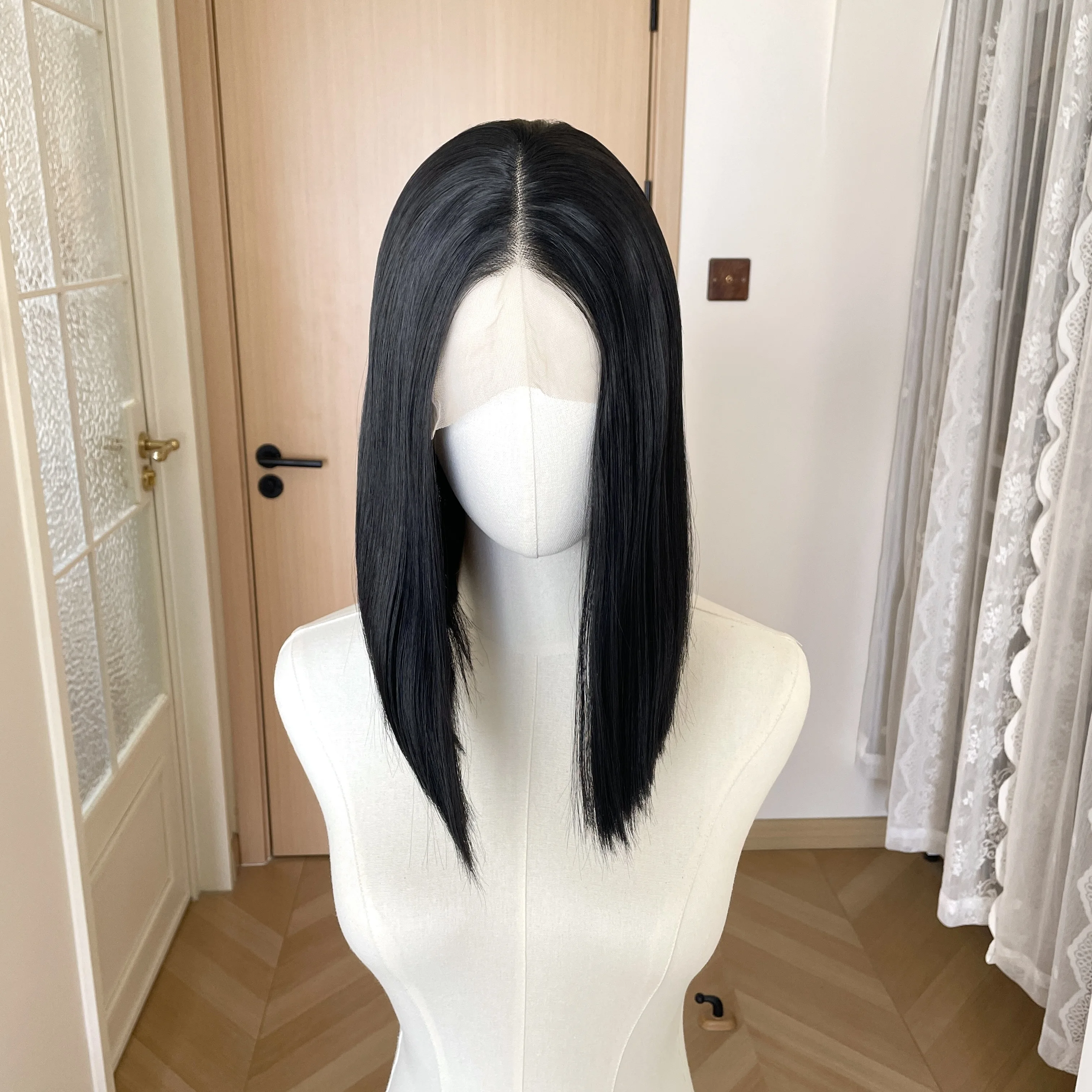 

Jet Black 13x4 Synthetic Lace Front Wigs for Black Women Shoulder Length Bob Glueless Synthetic Wigs 150% Density Natural Hair