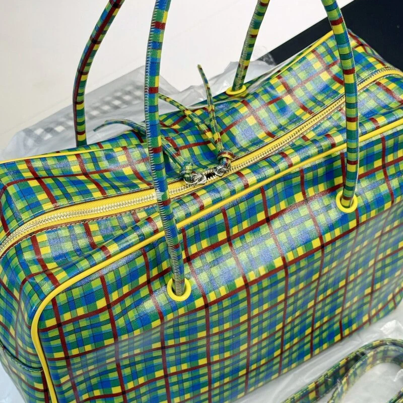 Karierte Schultertasche, Damen-Tragetasche mit großem Fassungsvermögen, minimalistische gelb-grüne Colorblock-Reisetasche mit Tragegriff – Detail 4
