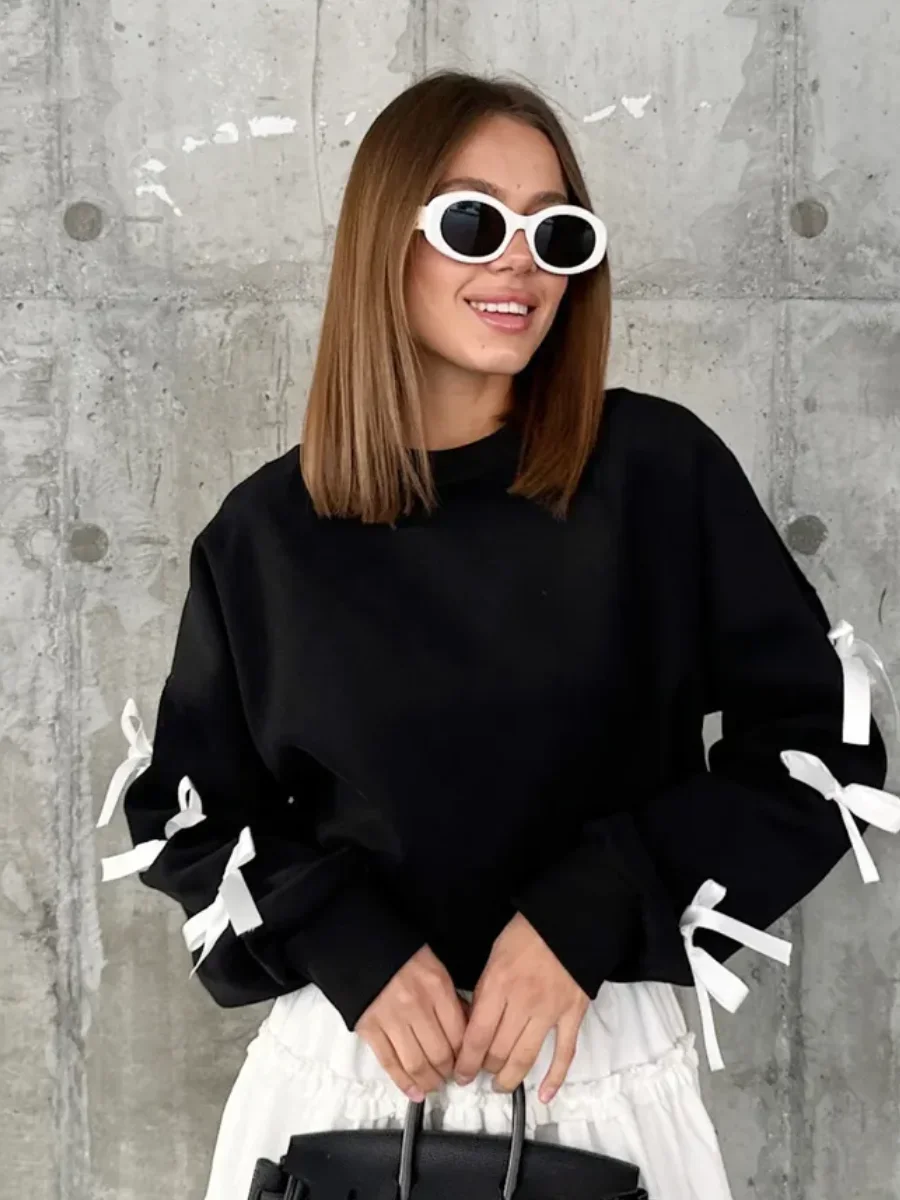 Ropa de Mujer, Tops holgados Y2k con lazo y cuello redondo, Ropa informal de moda para Mujer, sudaderas que combinan con todo, sudaderas cortas coreanas grises 2024