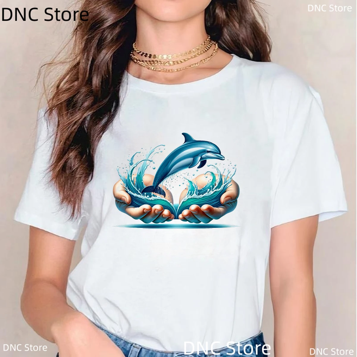 Funny Dolphin Print T-Shirt Women Fashion Marine Animal Art Graphic Print Tshirt Femme Summer Fashion White Shirt Top Wholesale