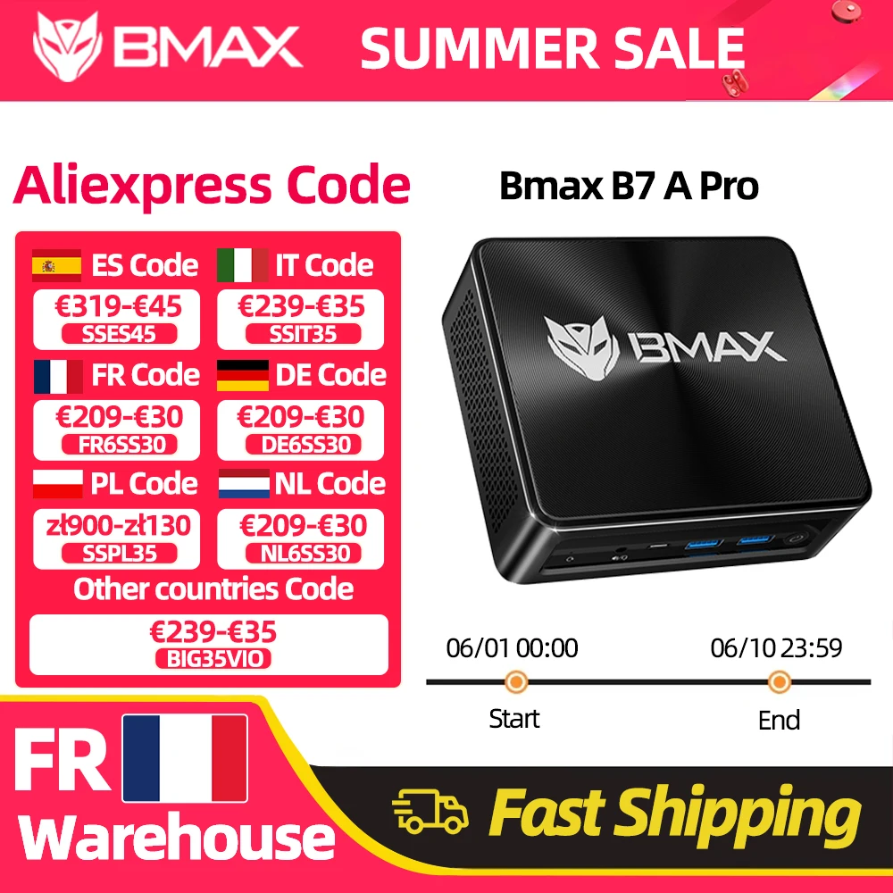 Mini PC BMAX B7 A Pro, processeur AMD Ryzen 5 7430U, graphismes AMD Radeon, 16 Go de RAM, 512 Go de SSD, Windows 11, USB, HDMI, Type-C, Bluetooth, DP
