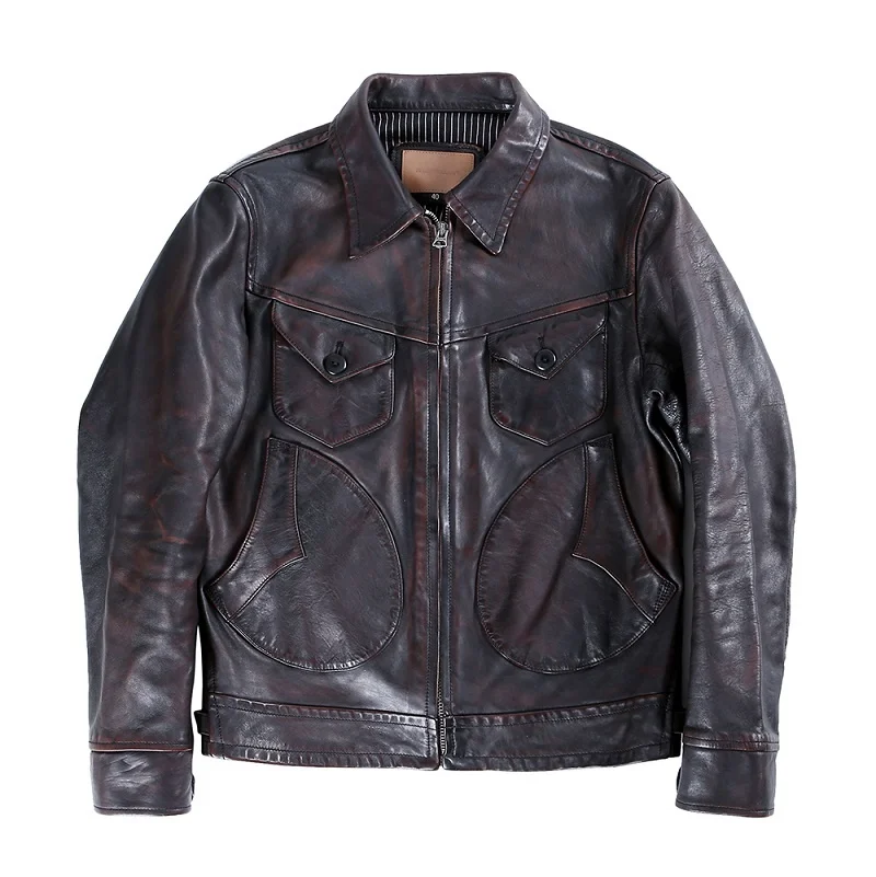 shipping.Original tea core Free horsehide coat,men luxury vintage brown leather jacket.quality rider slim leather clothes