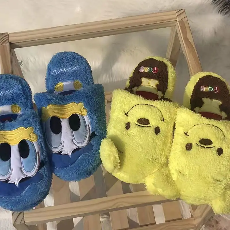 Disney Stitch Cotton Slippers Winnie The Pooh Shoes Autumn/winter New Cartoon Home Indoor Plush Warm Couple Slippers Winter Gift