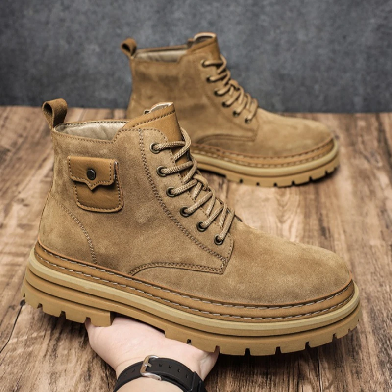 

Мужские рабочие ботинки на шнуровке, средней высоты, с плоской подошвой, высококачественные, новая модель осень-зима, прочные и модные, больших размеров, с круглым носком