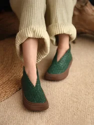 Artmu Original Woven Square Toe Flats Shoes For Women Loafers Genuine Leather Luxury Short Boots Soft Sole Ladies Shoes Green