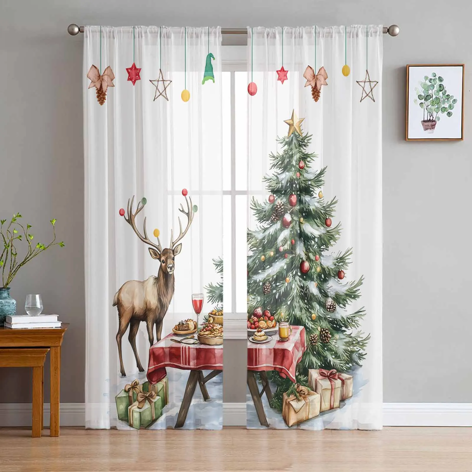 Christmas Reindeer Gift Window Tulle Curtains for Living Room Kitchen Christmas Home Decor Sheer Voile Curtains