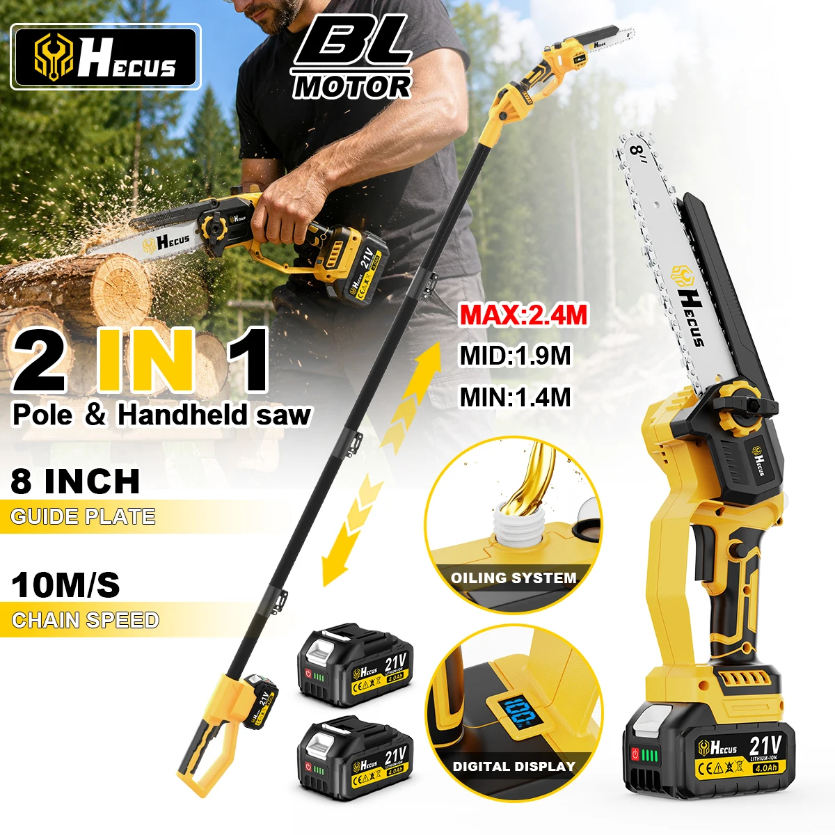Hecus 8-Zoll Bürstenlose Teleskop-Elektrokettensäge 140cm-240cm 180 ° Akku-Gartensäge für hohe Äste, Holzbearbeitung, Schneidwerkzeug für Makita 18V Akku