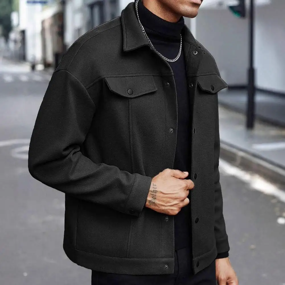 

Casual Men Jacket Stylish Men's Woolen Lapel Coat with Flap Pockets Long Sleeve Business Jacket for Autumn Winter Solid Color