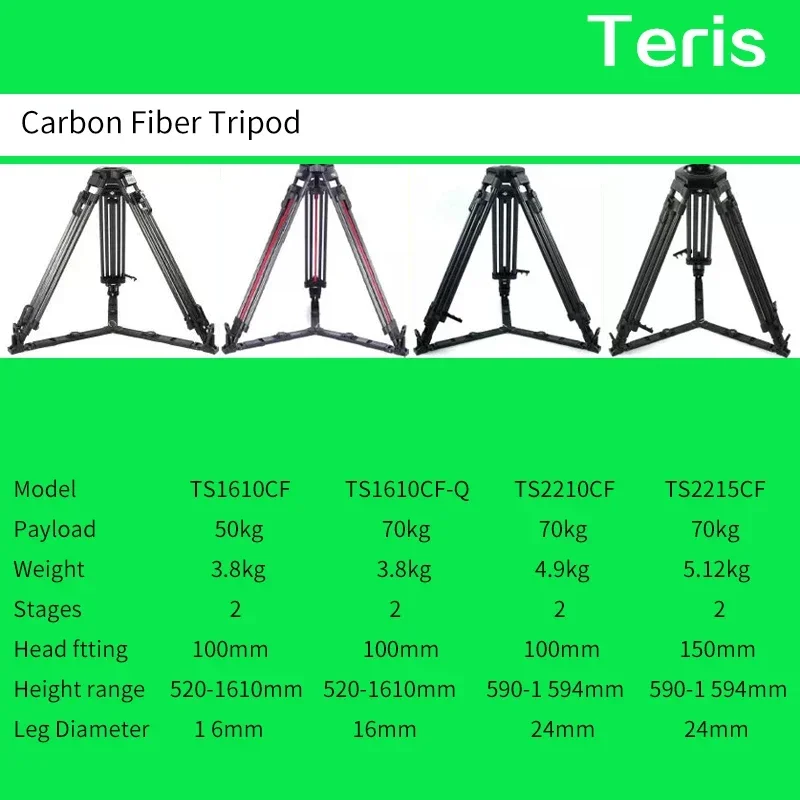حامل ثلاثي من ألياف الكربون عالي التحمل من Teris TS1610CF/TS1610CF-Q/TS2210CF/TS2215CF حمولة 70 كجم