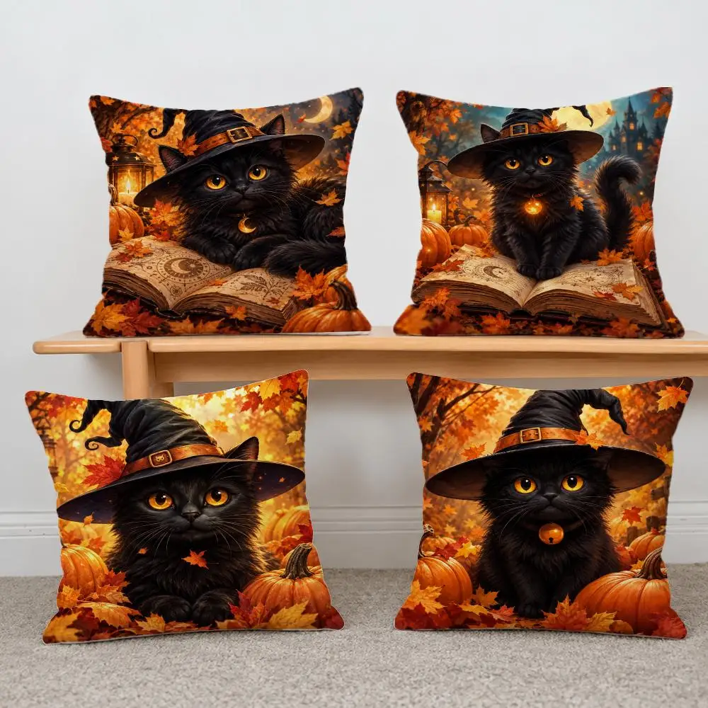 Spooky Art Halloween Witch Black Cat Cushion Cover Short Plush Pillowcase, Sofa Bedroom Home Decor & Holiday Gift
