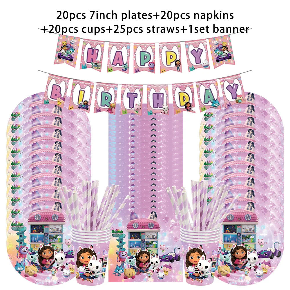 Rosa Gabby Dollhouse Geburtstags-Tischgeschirr Katzen-Mädchen Einwegteller Becher Servietten Kinder Mädchen Geburtstagsparty Baby-Shower-Dekoration – Detail 3