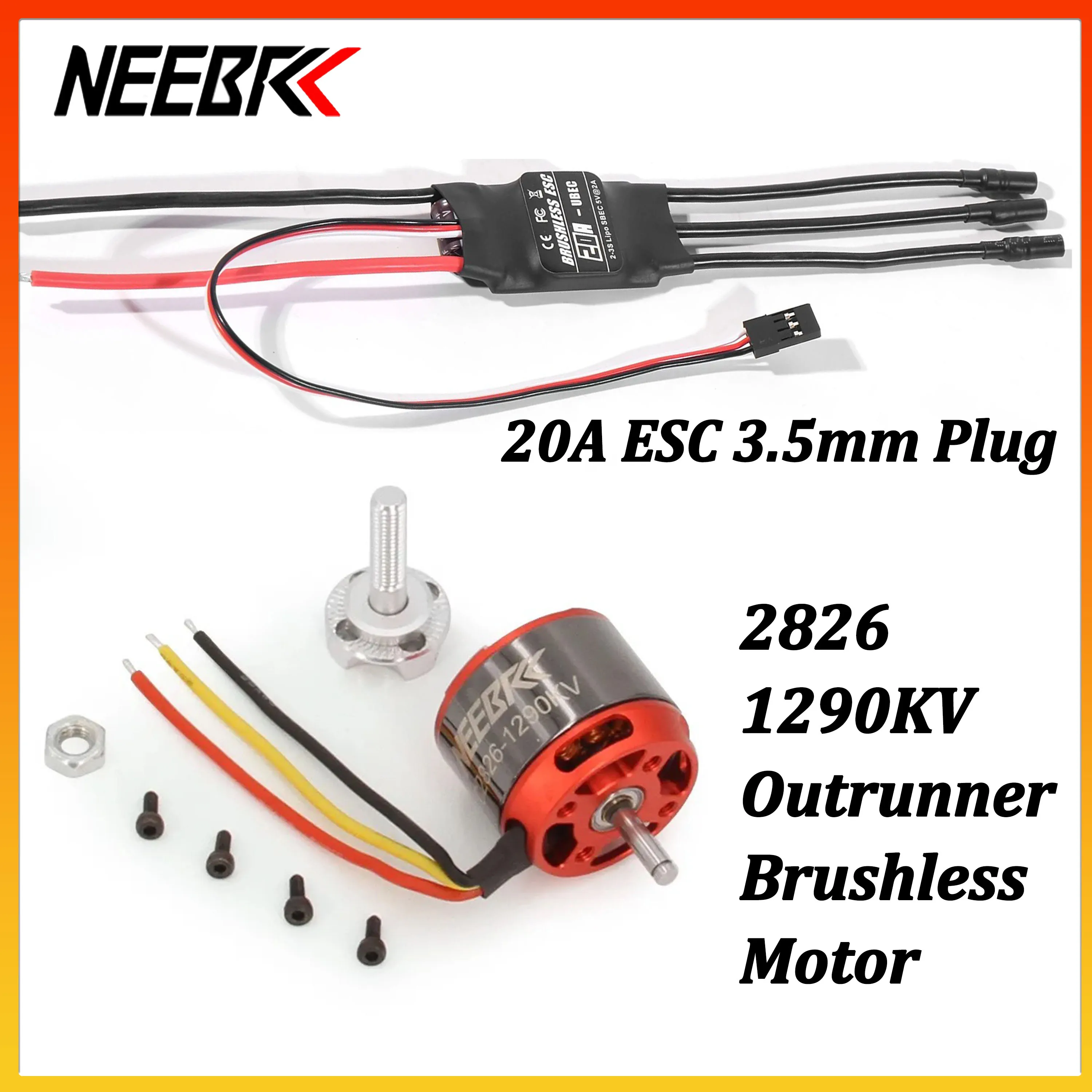 

NEEBRC 2826 Outrunner Brushless Motor 1290KV 2-4s with 20A ESC for RC Fixed-wing Helicopter FPV Airplane Model Toy Accessories