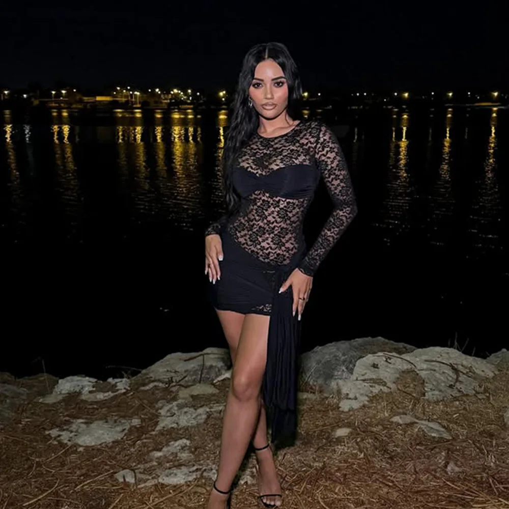 レースアップリボンシャーリングパッチワークシースルーレースボディコンミニドレス女性セクシーなOネック長袖スリム誕生日パーティークラブウェア