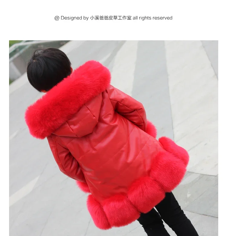 Kids girl\'s PU leather patchwork fox faux fur collar jacket coat down parkas thicken princess winter outerwear fur coat 7 colour